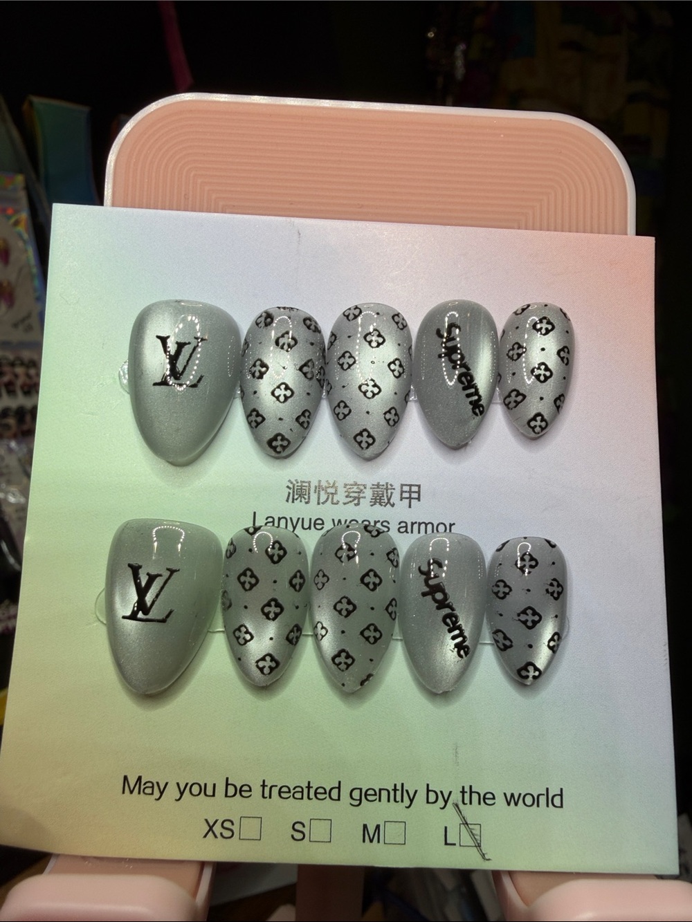 Pearl Grey Cat Eye Logo Press-On Nails with Black Accents - Picture 3 of 3